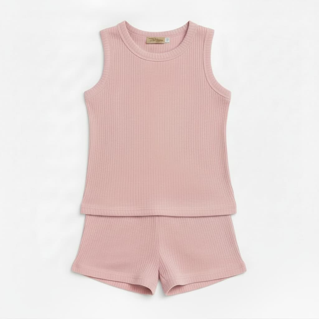 Premium Dusty Pink Ribbed Tank Top Round Neck & Shorts Set for Kids (0 Months - 7 Years)