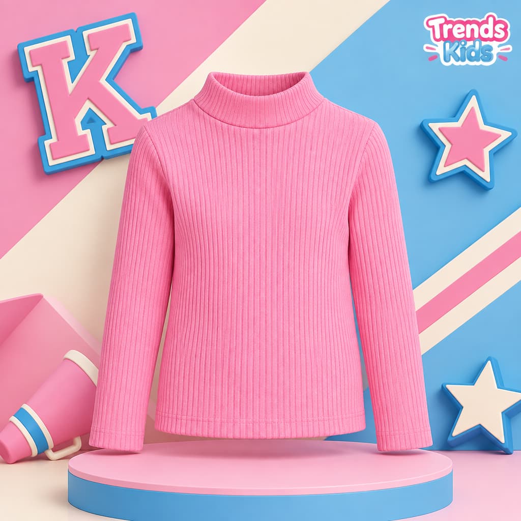 Ribbed Pink Ribbed Stylish Girls High-Neck  Sweatshirt