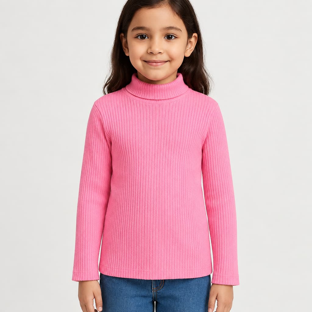 Ribbed Pink Ribbed Stylish Girls High-Neck  Sweatshirt