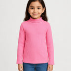 Ribbed Pink Ribbed Stylish Girls High-Neck  Sweatshirt