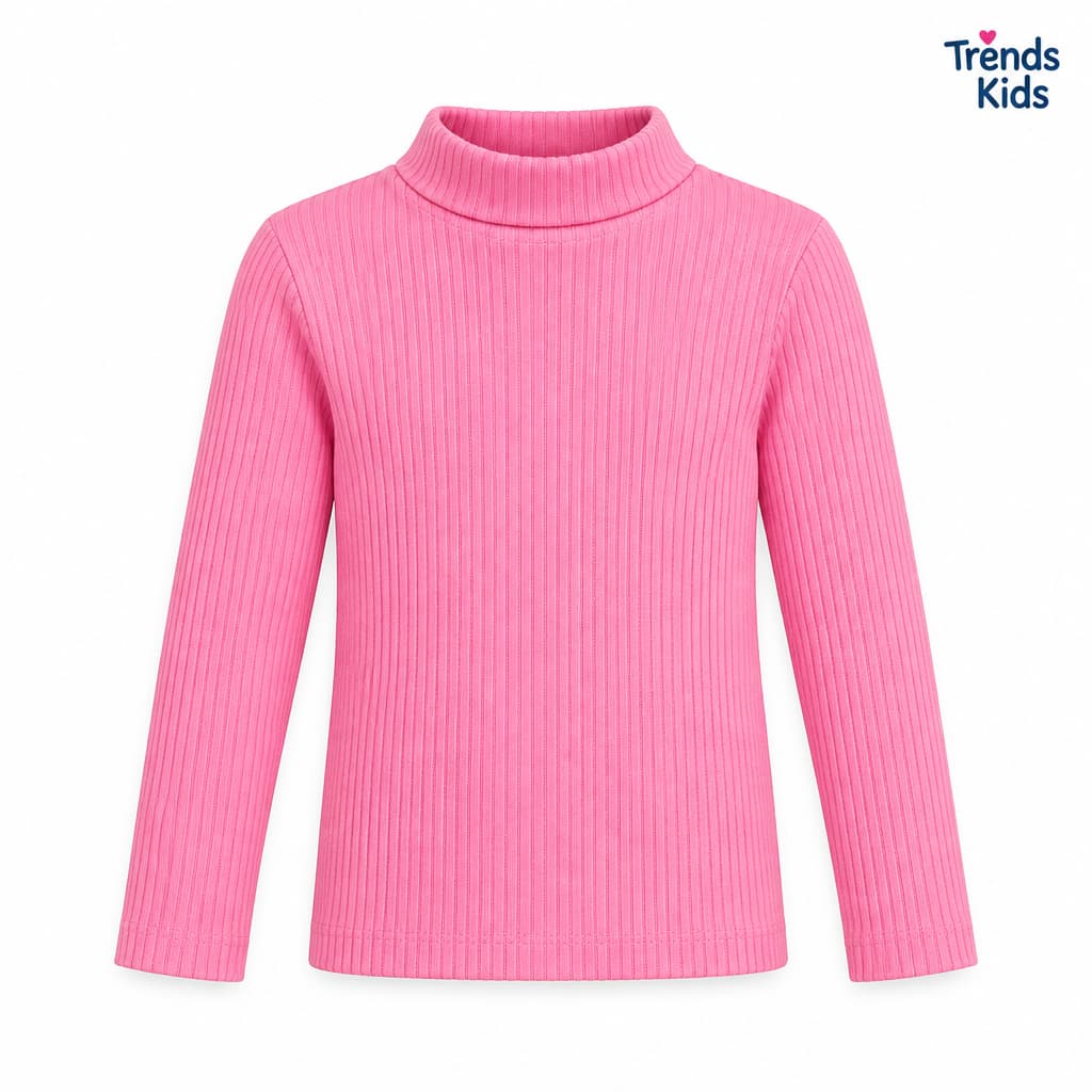 Ribbed Pink Ribbed Stylish Girls High-Neck  Sweatshirt