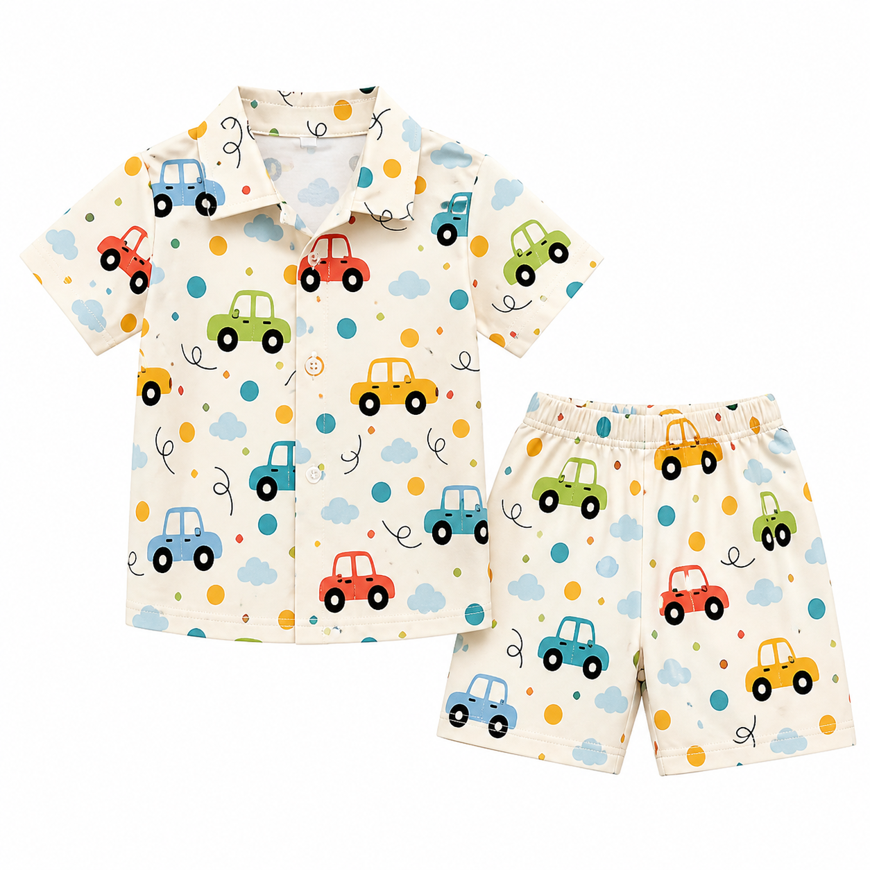 Premium Kids Car Print Summer Shirt & Shorts Set – Soft Cotton 2 Piece Outfit (1–7 Years)