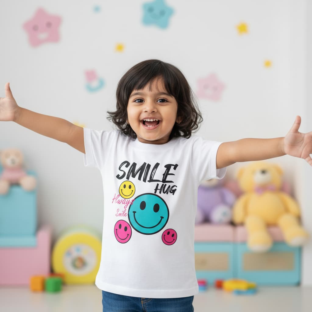Smile Print Kids T-Shirt – Premium Cotton Cute Graphic Tee for Boys &amp; Girls