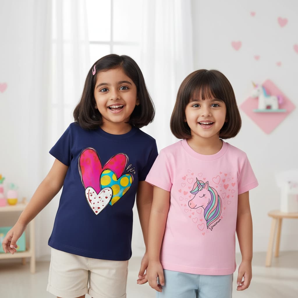 Girls Cute Graphic T-Shirt – Unicorn & Heart Cotton Tee | Trends-Kids
