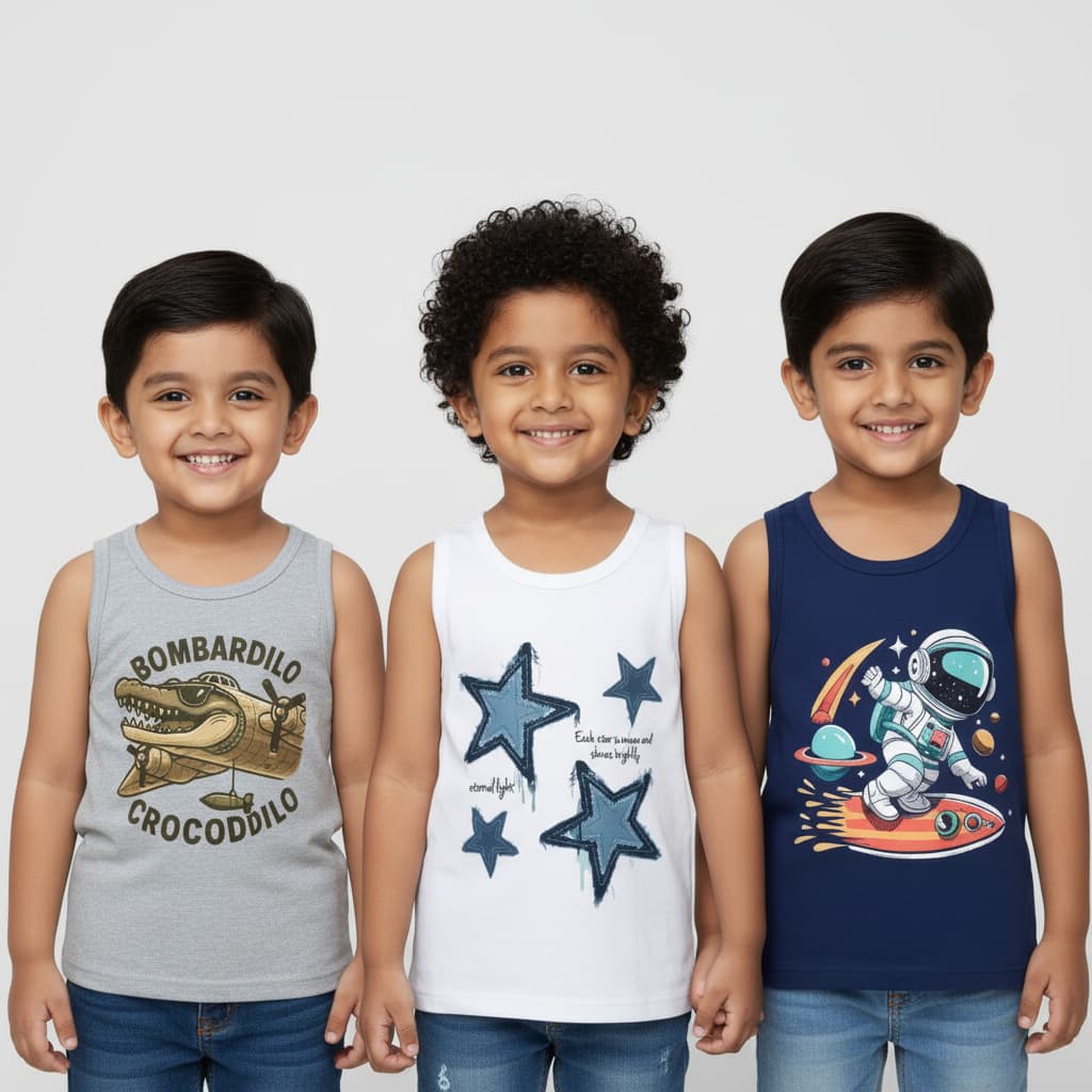Boys Cartoon & Space Print Cotton Tank Top – 100% Cotton Summer Sleeveless Shirt