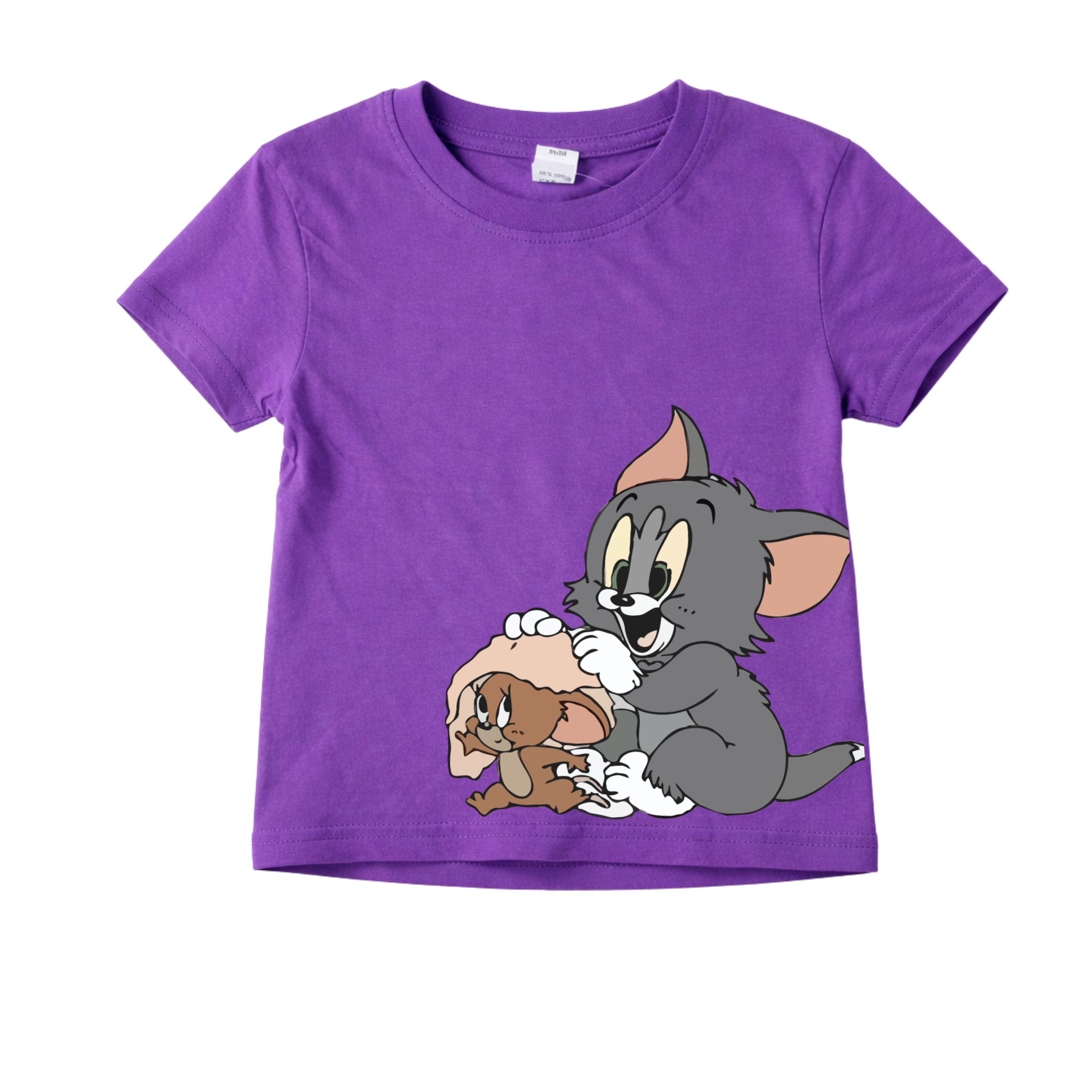 Cute Cartoon Cat & Mouse Kids Cotton T-Shirt – Purple Graphic Tee