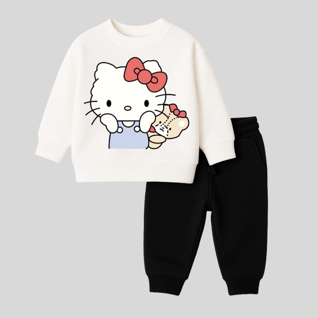 White Sweatshirt & Black Joggers Kids Set – Cute Cat Graphic