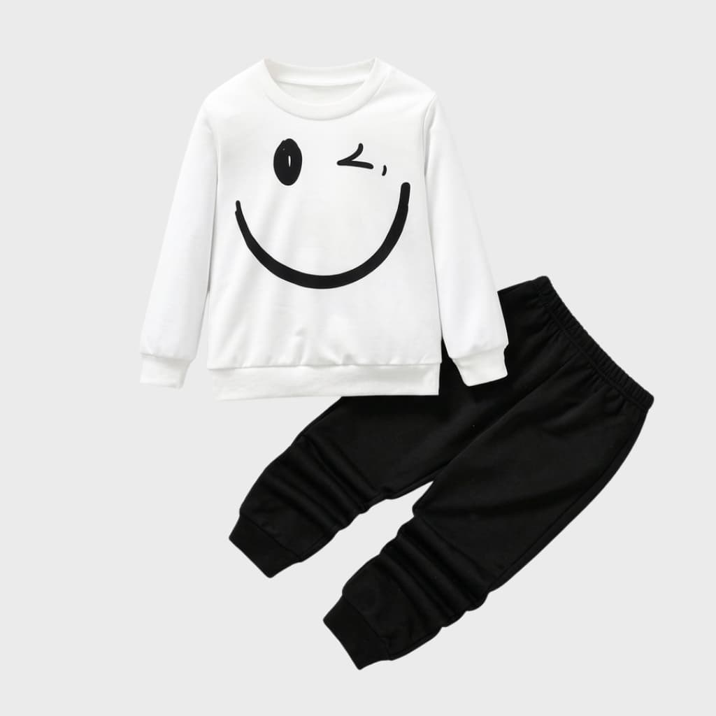 White Sweatshirt & Black Joggers Kids Set – Smiley Face Print | Premium Cotton Winter Wear