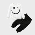 White Sweatshirt & Black Joggers Kids Set – Smiley Face Print | Premium Cotton Winter Wear