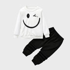 White Sweatshirt & Black Joggers Kids Set – Smiley Face Print | Premium Cotton Winter Wear