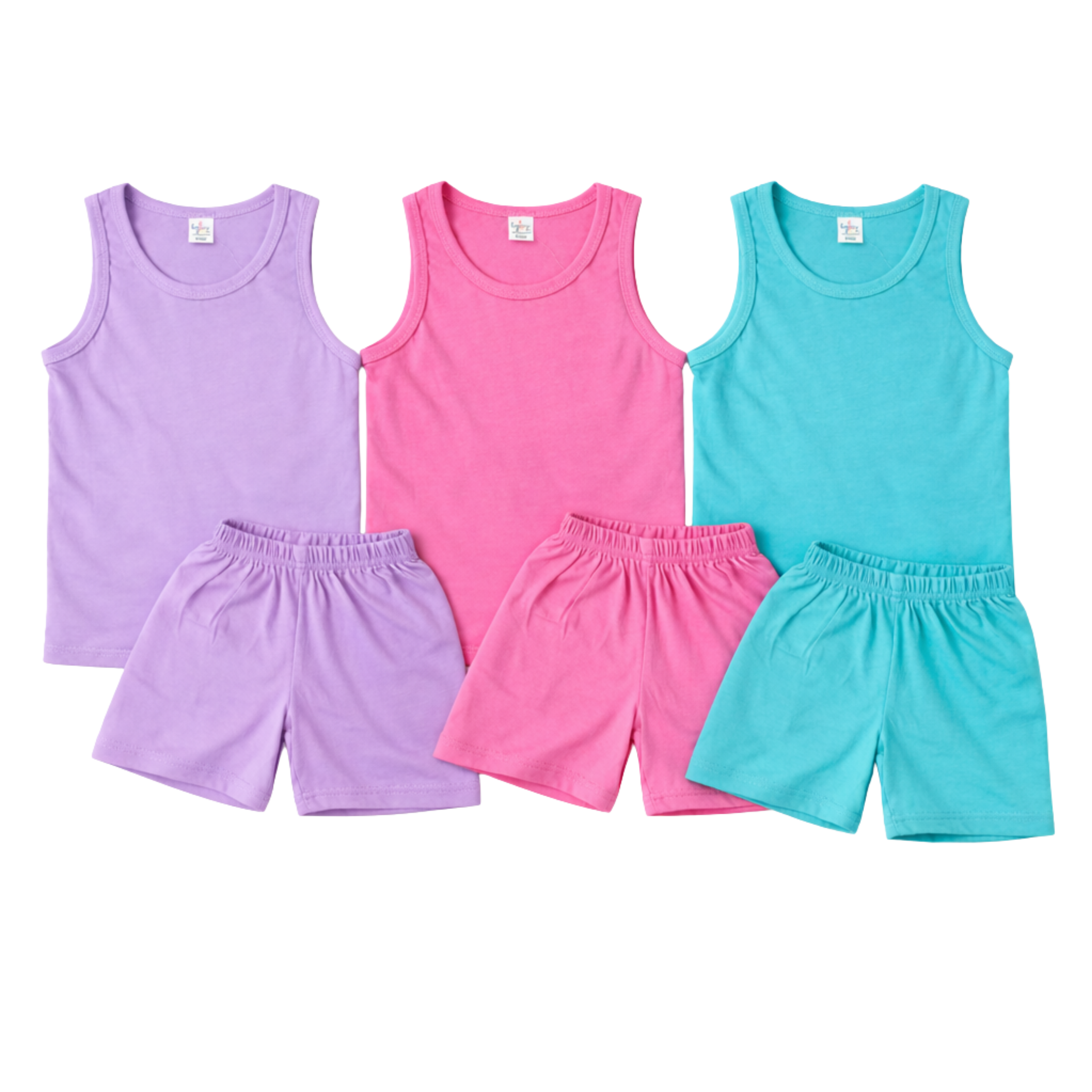 Kids Solid Cotton Summer Tank Top & Shorts Set – Lavender / Pink / Aqua