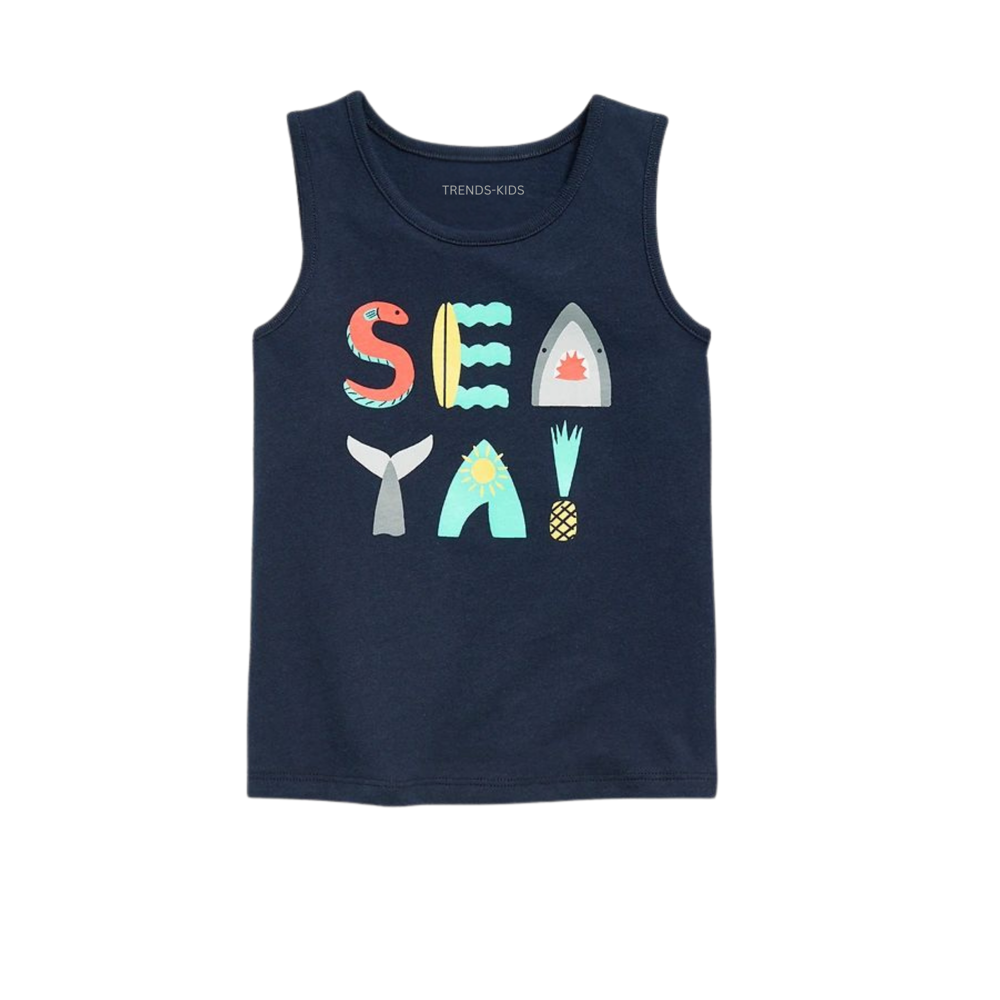 Kids Sea Ya Cotton Sleeveless Tank Top – Navy Summer Beach Vest