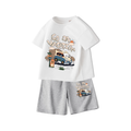 Kids “Go On Vacation” Cartoon Cotton T-Shirt & Shorts Set