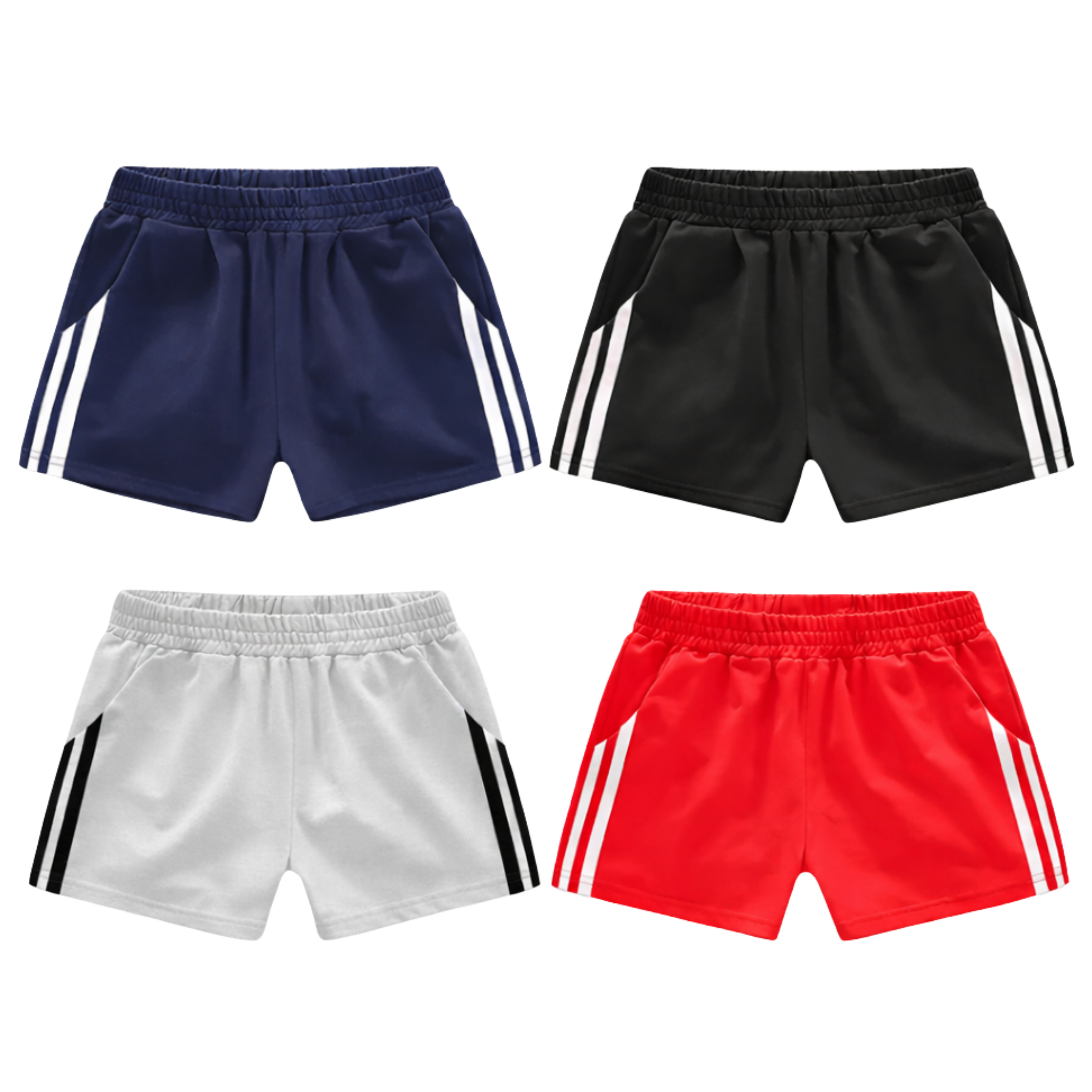 Kids Sporty Cotton Shorts – Stripe Side Track Shorts (Navy / Black / Grey / Red)