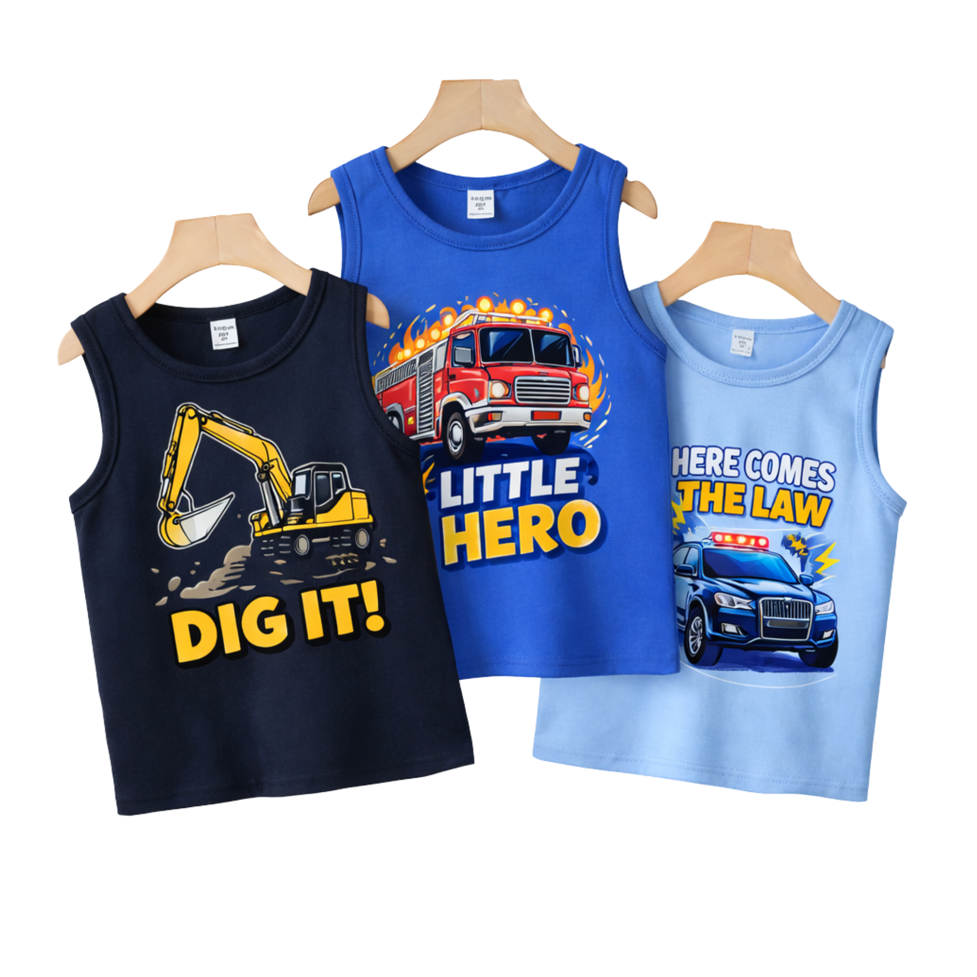 Premium Boys Action Hero Cotton Tank Top – Excavator, Fire Truck & Police Car Print