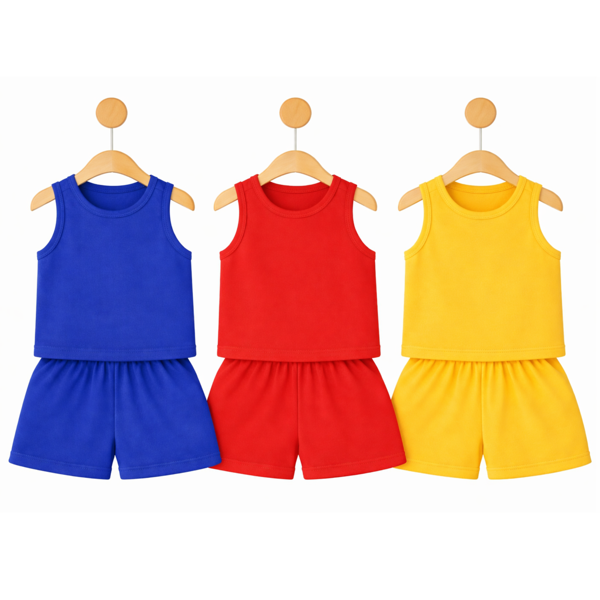 Kids Solid Cotton Summer Tank Top & Shorts Set – Blue / Red / Yellow