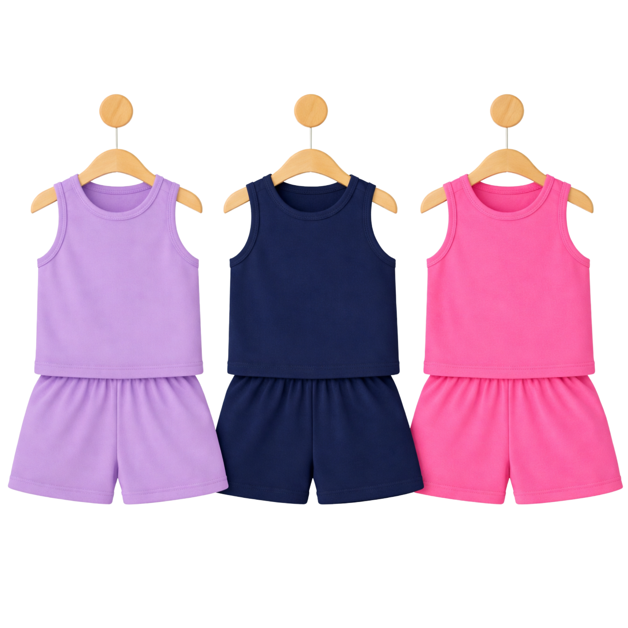 Kids Solid Cotton Summer Tank Top & Shorts Set – Lavender / Pink / Blu