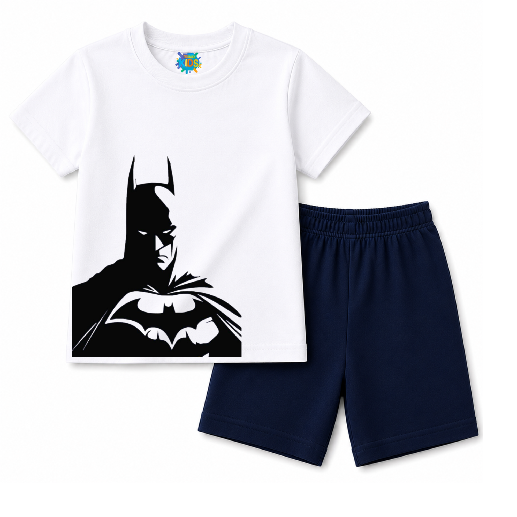 Superhero Logo Boy Kids Short Sleeve T-Shirt & Shorts Set | ST-SRO-WHT-NVY