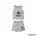 Kids Pilot Tank Top & Shorts Set (Grey) – Soft Cotton | TT-PILOT-GRY