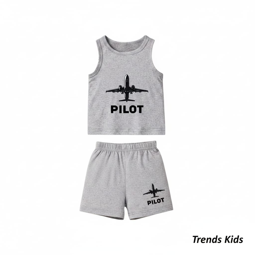 Kids Pilot Tank Top & Shorts Set (Grey) – Soft Cotton | TT-PILOT-GRY